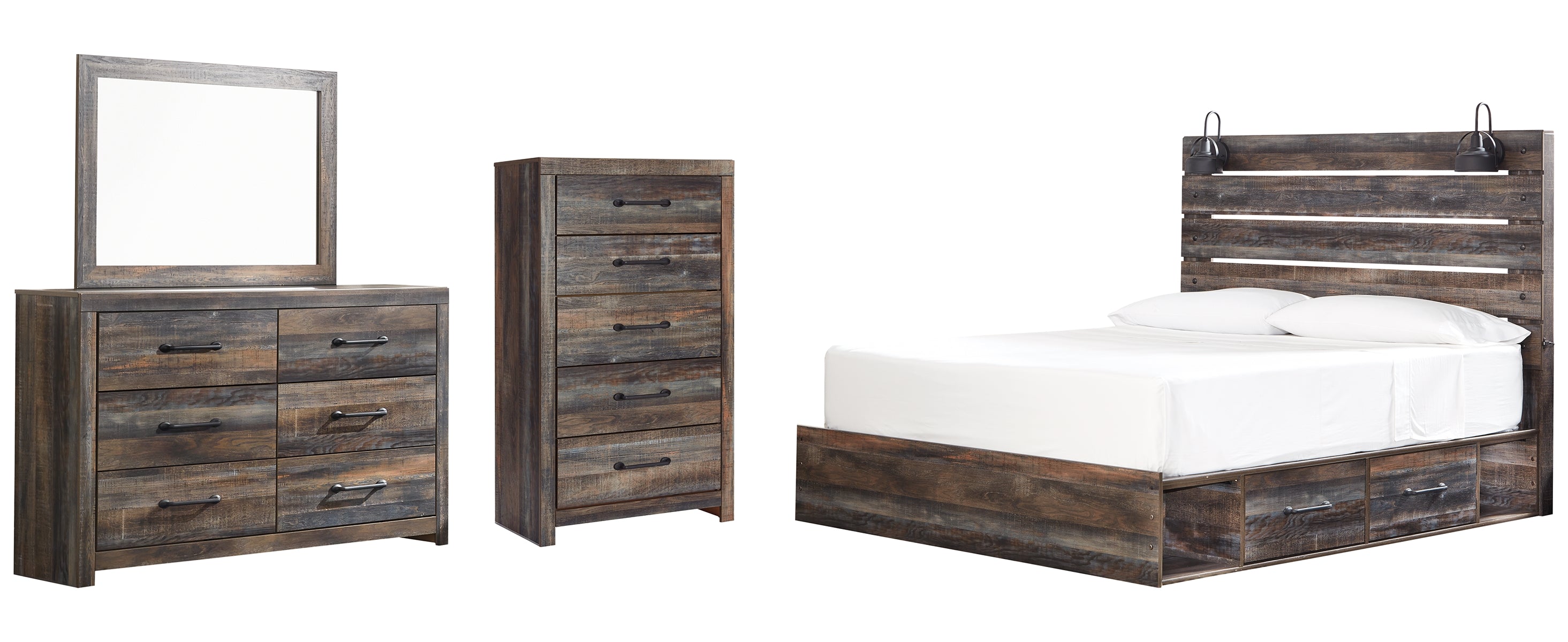 Drystan King Panel Bed with 2 Storage Drawers with Mirrored Dresser and Chest