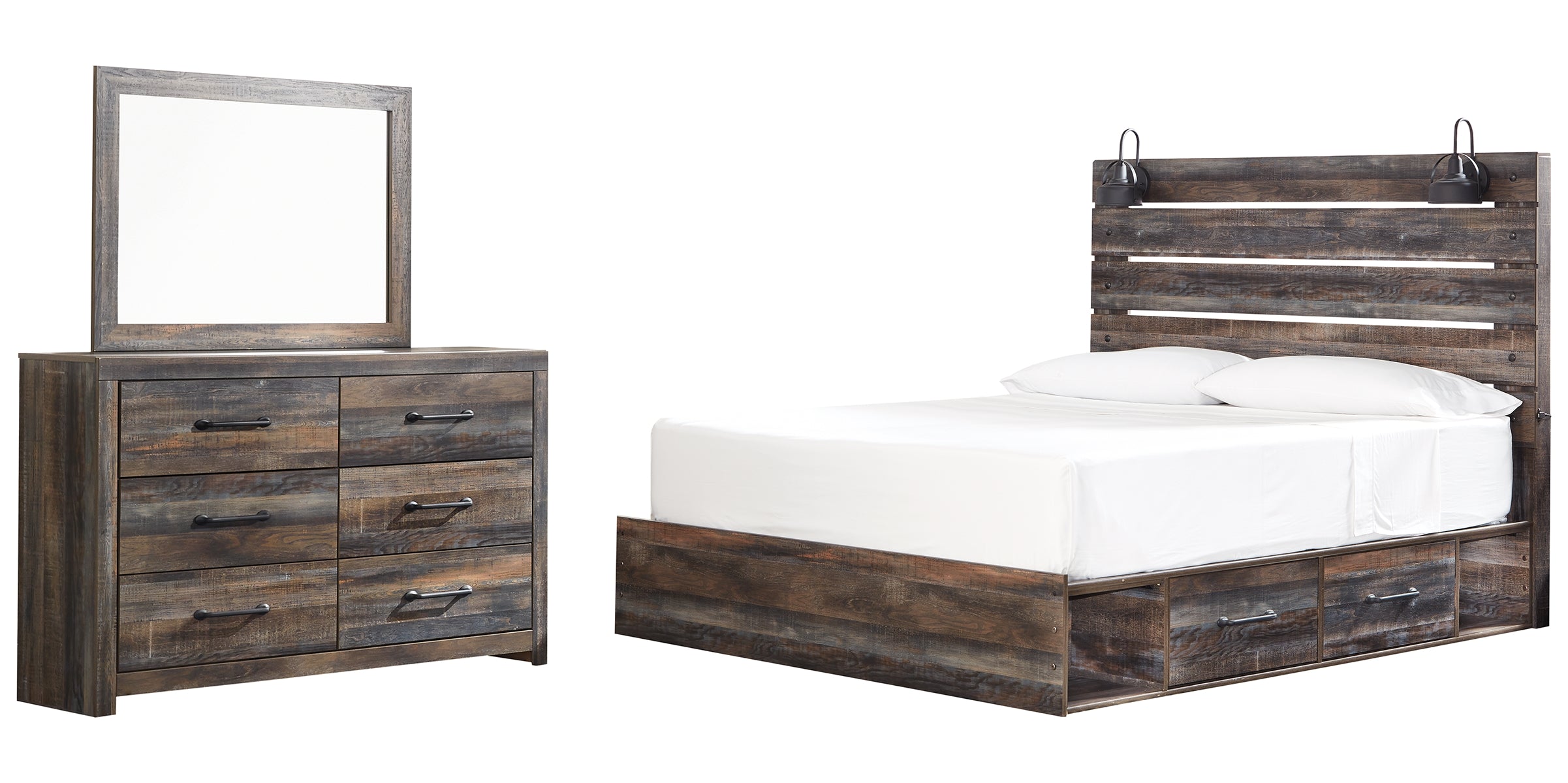 Drystan King Panel Bed with 2 Storage Drawers with Mirrored Dresser
