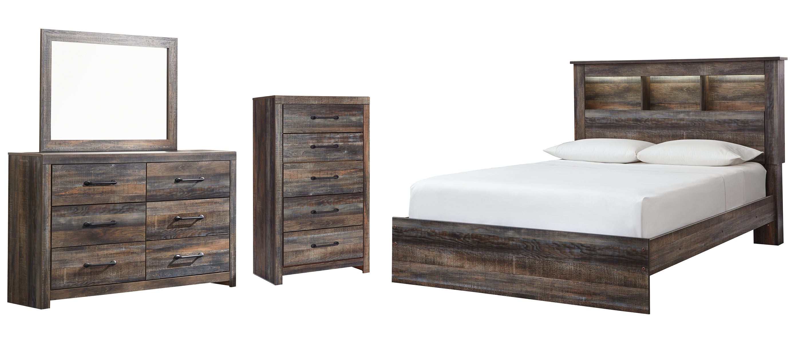 Drystan Queen Bookcase Bed with Mirrored Dresser and Chest