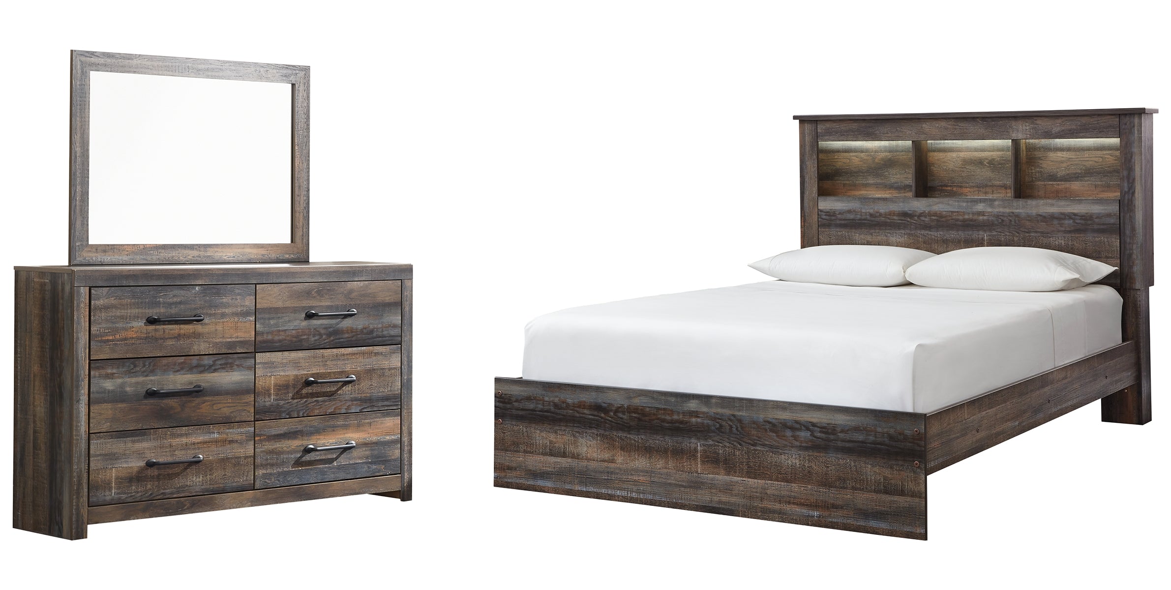 Drystan Queen Bookcase Bed with Mirrored Dresser