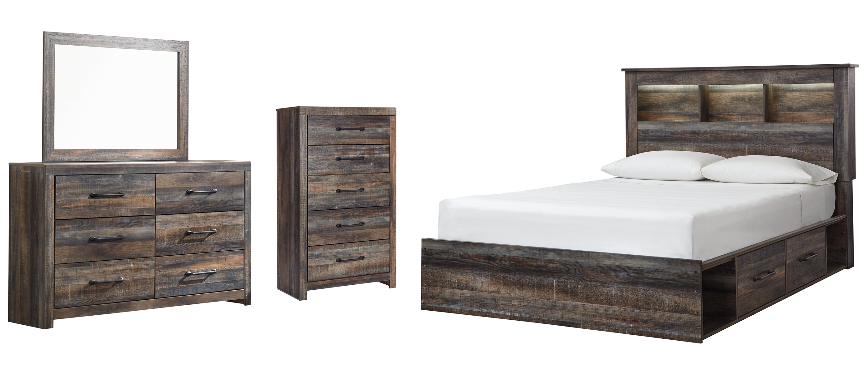 Drystan Queen Bookcase Bed with 2 Storage Drawers with Mirrored Dresser and Chest