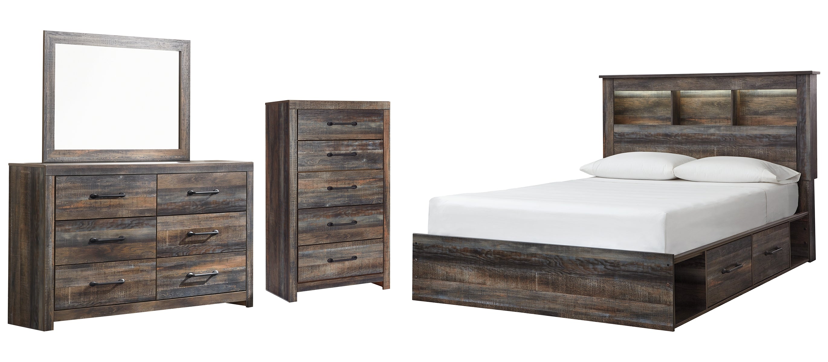 Drystan Queen Bookcase Bed with 4 Storage Drawers with Mirrored Dresser and Chest