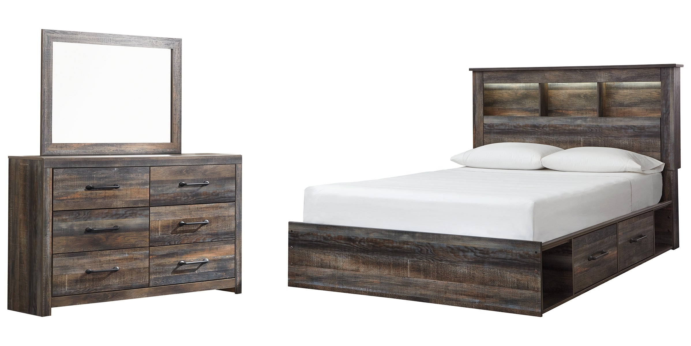 Drystan Queen Bookcase Bed with 4 Storage Drawers with Mirrored Dresser