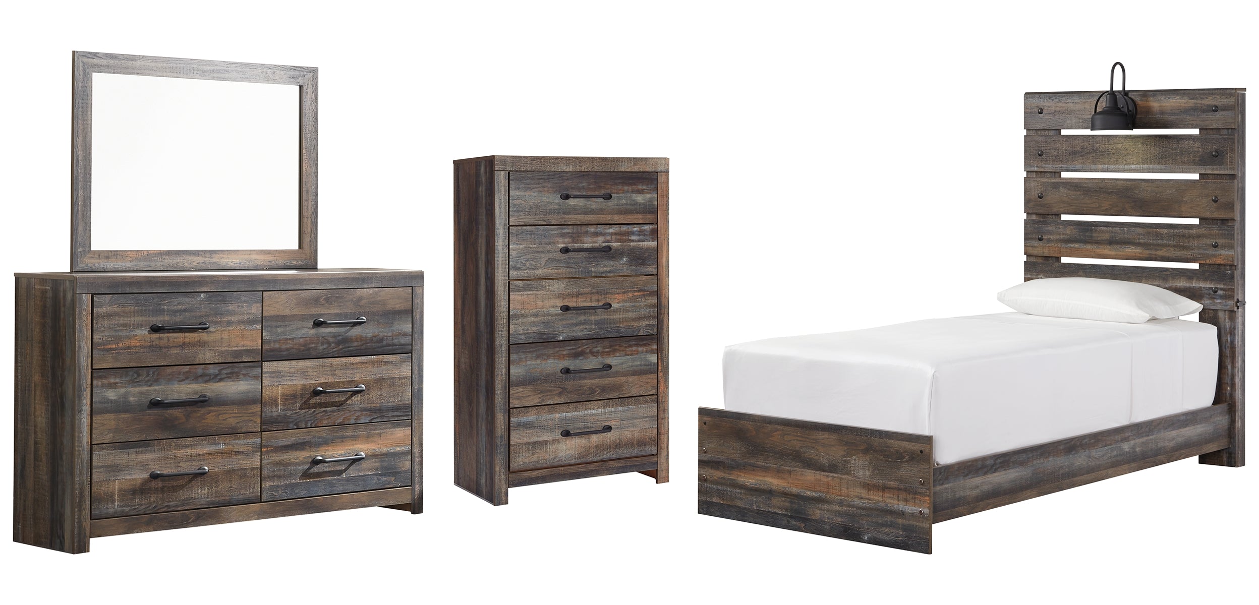 Drystan Twin Panel Bed with Mirrored Dresser and Chest