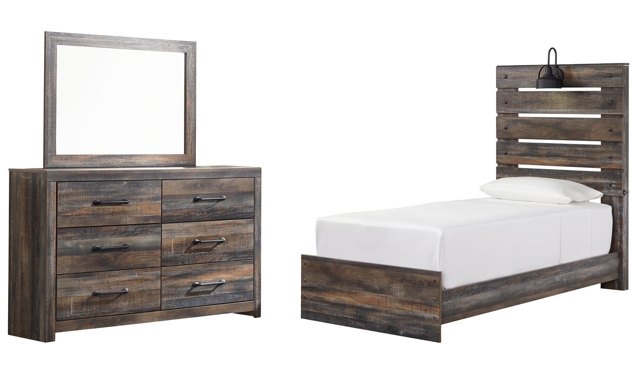 Drystan Twin Panel Bed with Mirrored Dresser
