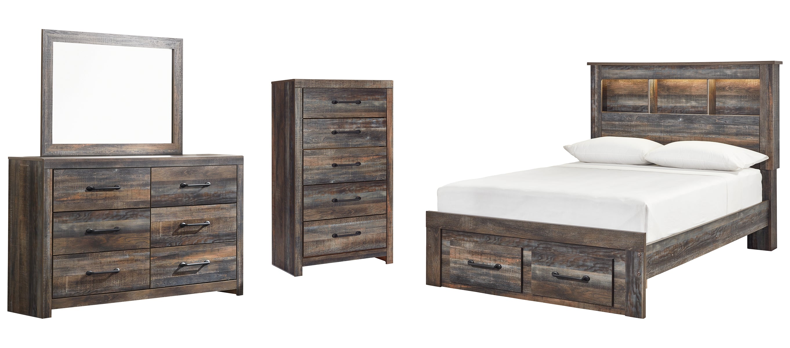 Drystan Full Bookcase Bed with 2 Storage Drawers with Mirrored Dresser and Chest