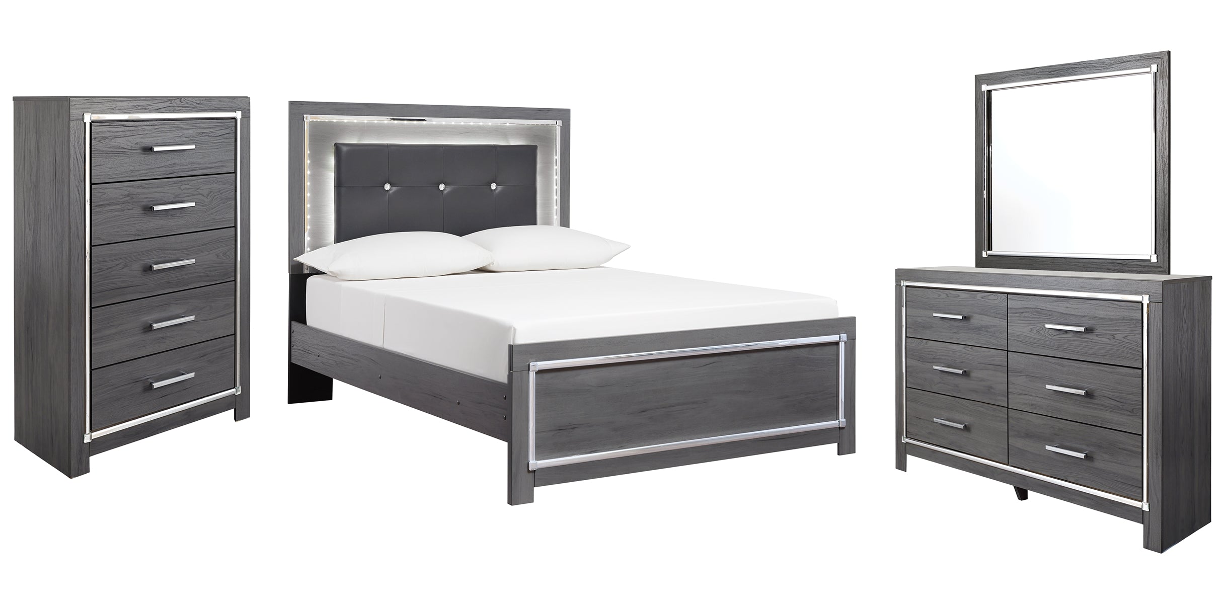 Lodanna Full Panel Bed with Mirrored Dresser and Chest