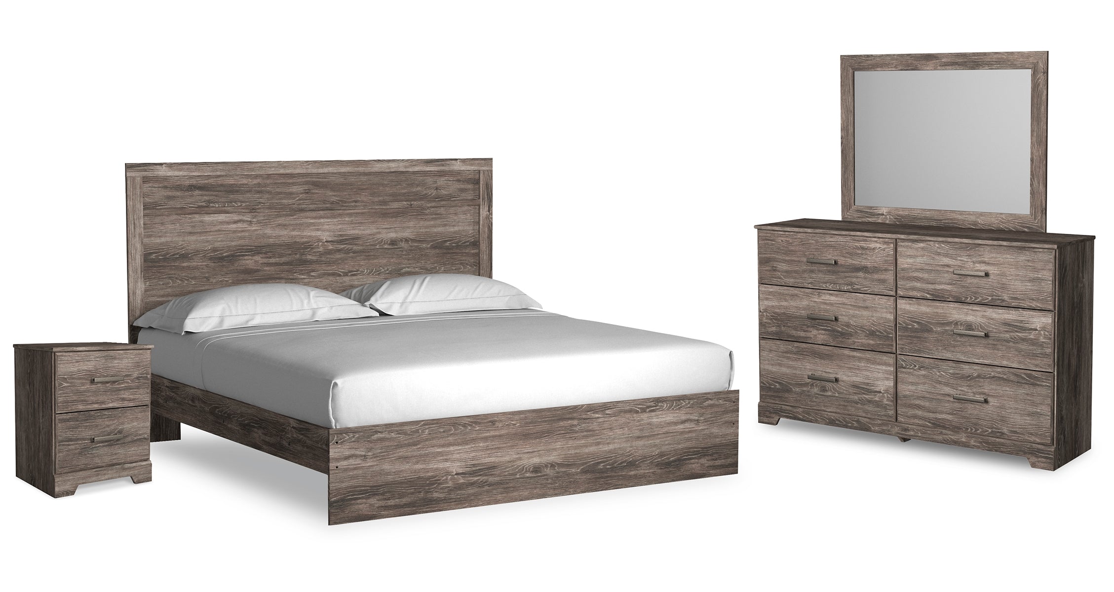 Ralinksi King Panel Bed with Mirrored Dresser and Nightstand