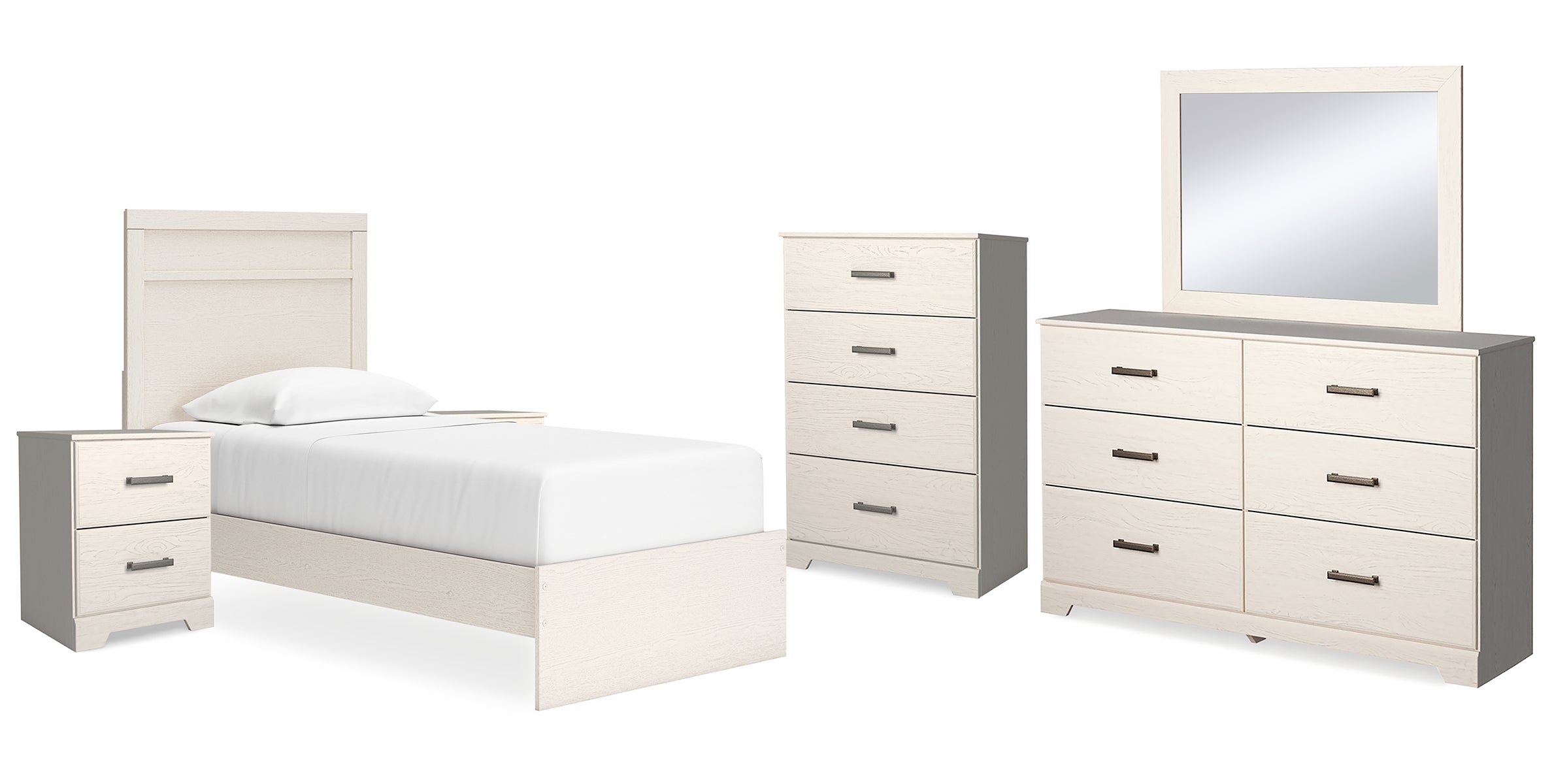 Stelsie Twin Panel Bed with Mirrored Dresser, Chest and 2 Nightstands