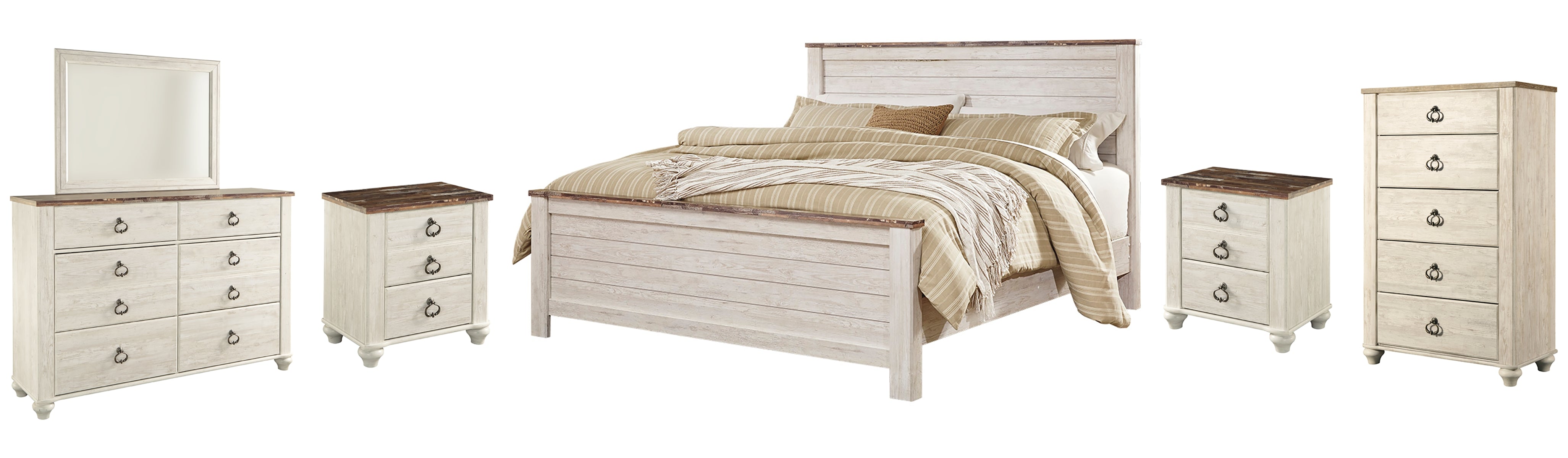 Willowton King Panel Bed with Mirrored Dresser, Chest and 2 Nightstands