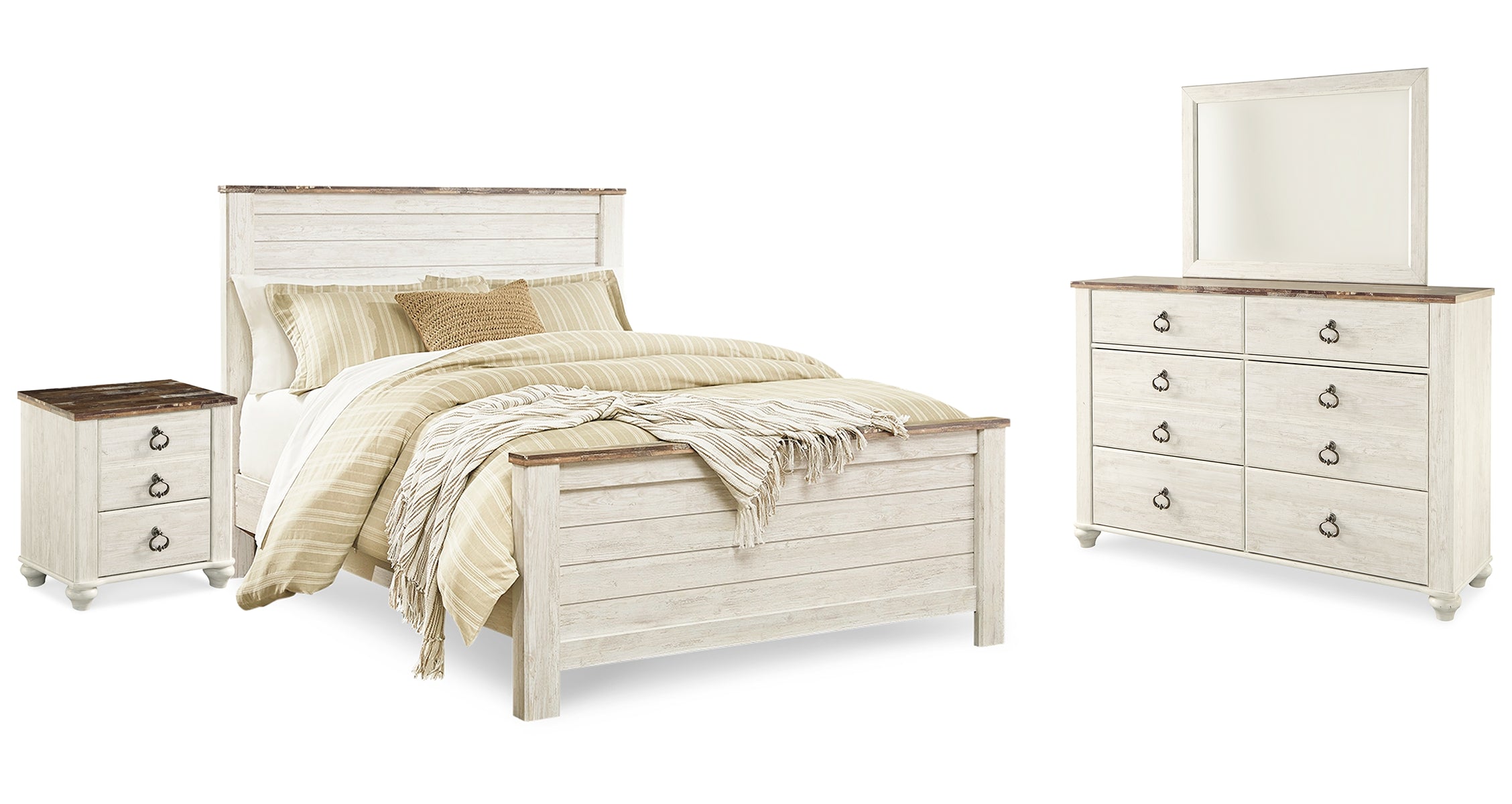Willowton Queen Panel Bed with Mirrored Dresser and Nightstand