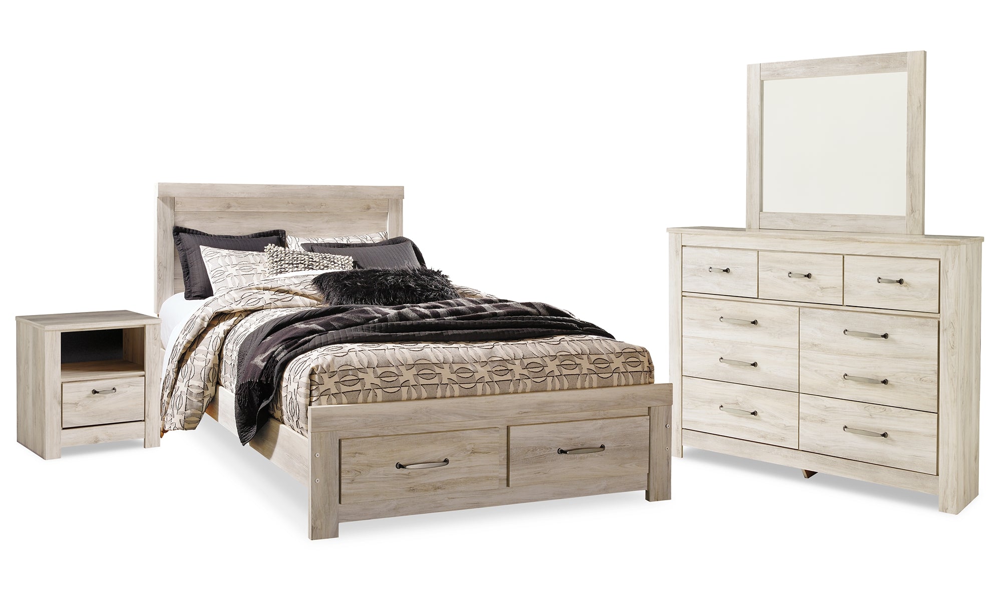 Bellaby Queen Platform Bed with 2 Storage Drawers with Mirrored Dresser and Nightstand