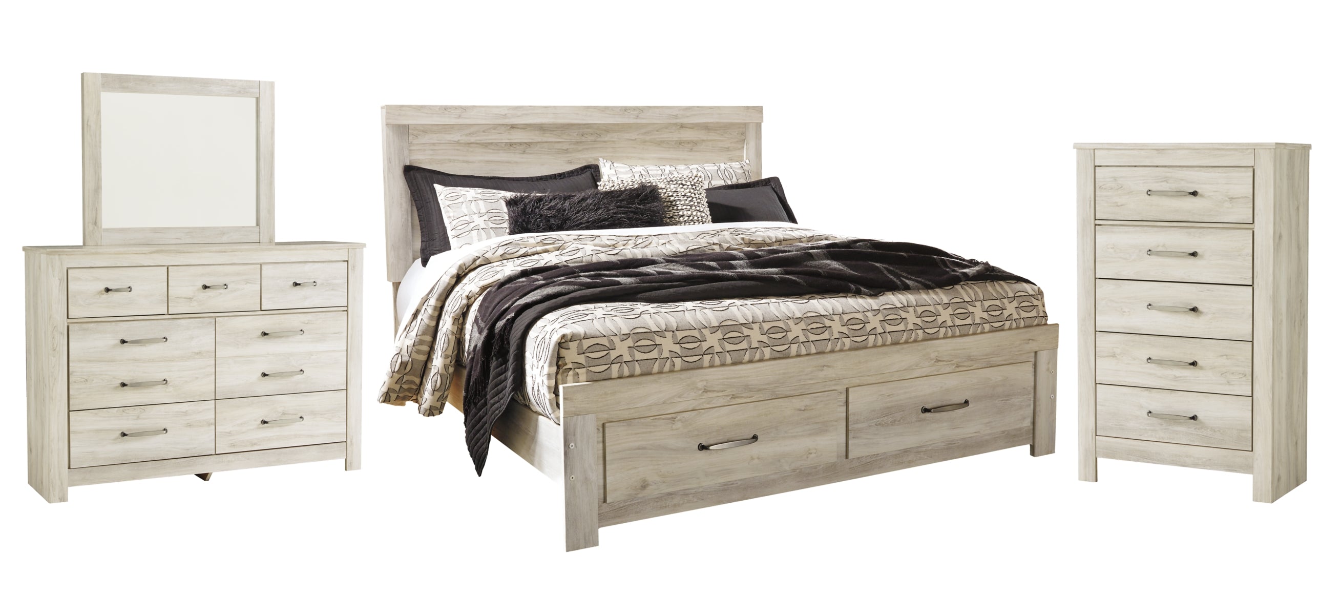 Bellaby King Platform Bed with 2 Storage Drawers with Mirrored Dresser and Chest
