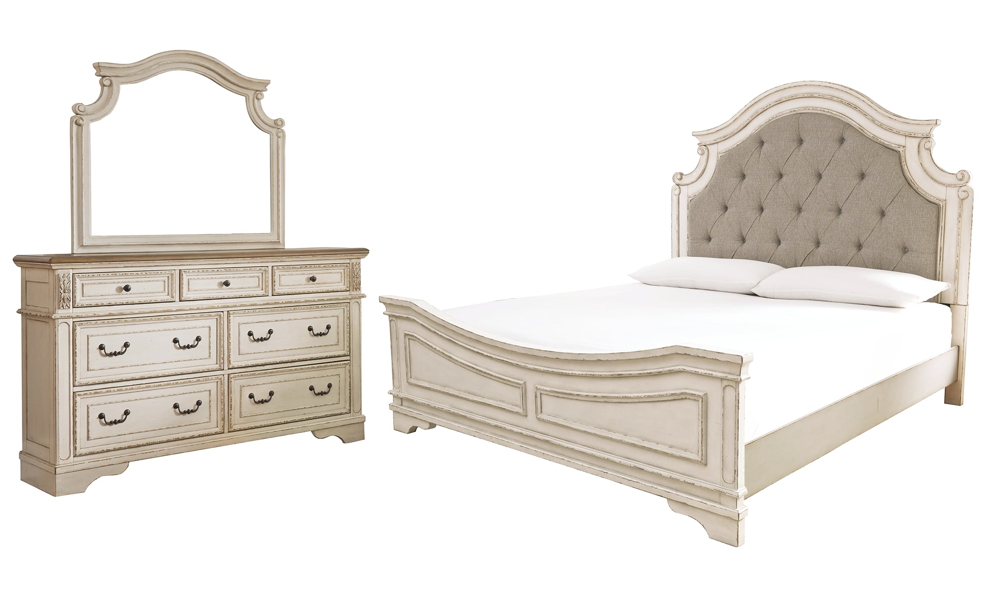Realyn Queen Upholstered Panel Bed with Mirrored Dresser