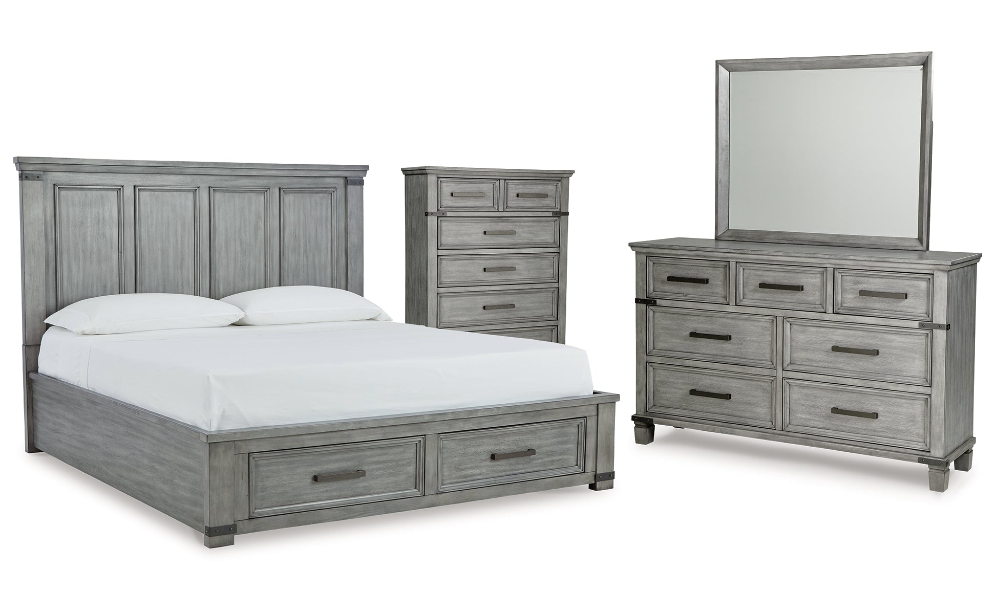 Russelyn King Storage Bed with Mirrored Dresser and Chest