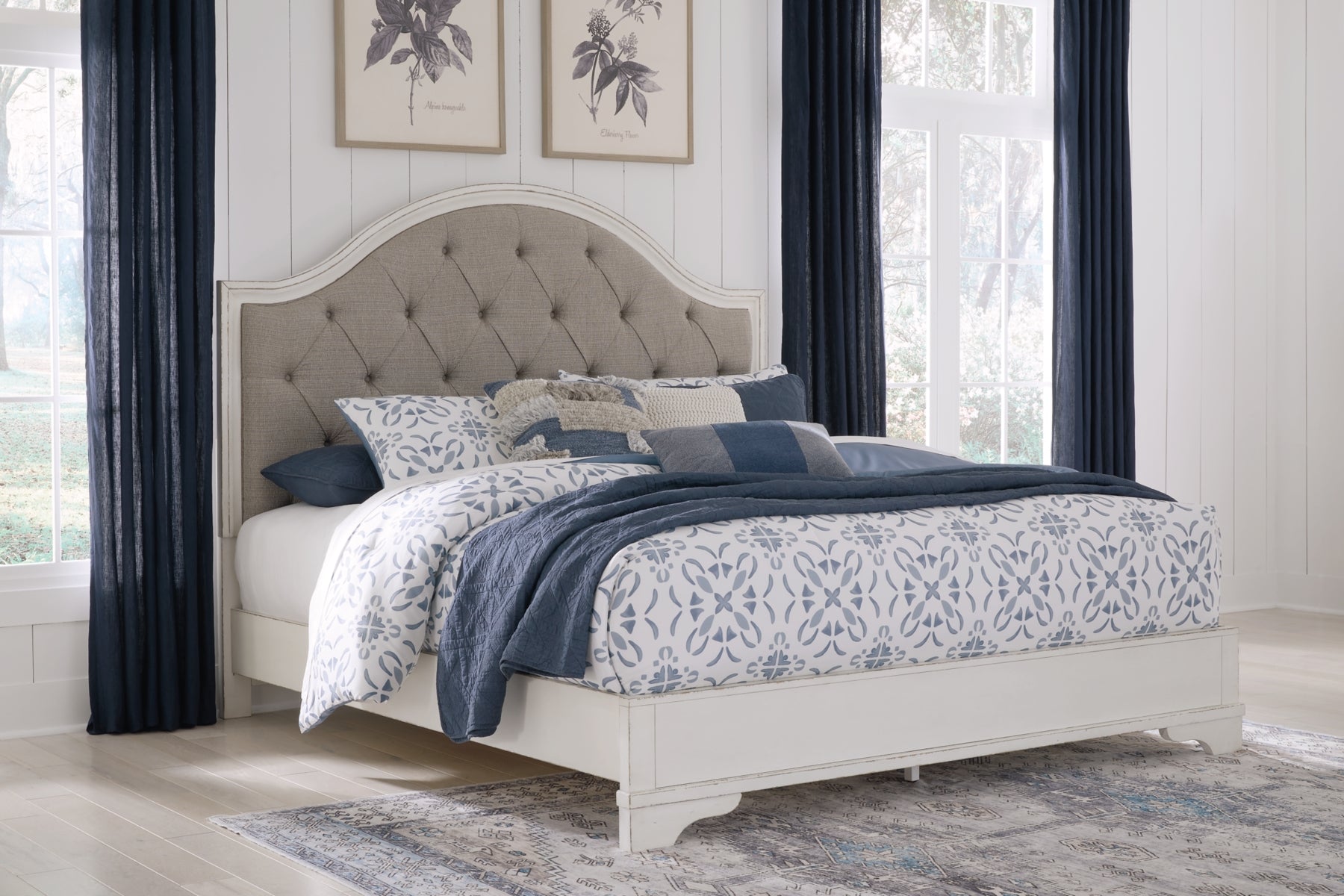 Brollyn King Upholstered Panel Bed with Mirrored Dresser and 2 Nightstands