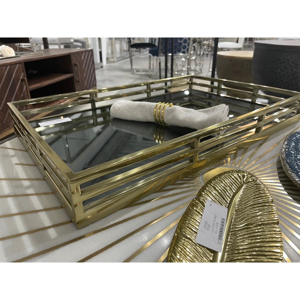Elegant Reflections - Black Mirrored Tray with Golden Accents