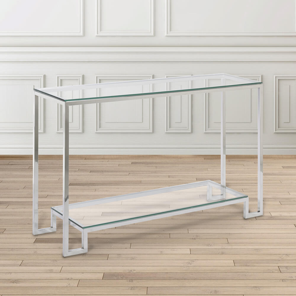 Elegant Krista Glass Console Table with Stainless Steel Frame