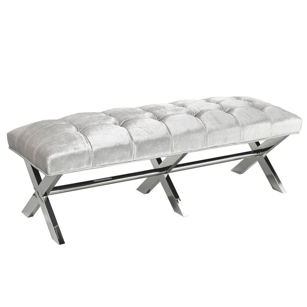 Elegance Charcoal Tufted Velvet Bench with Geometric Stainless Steel Base
