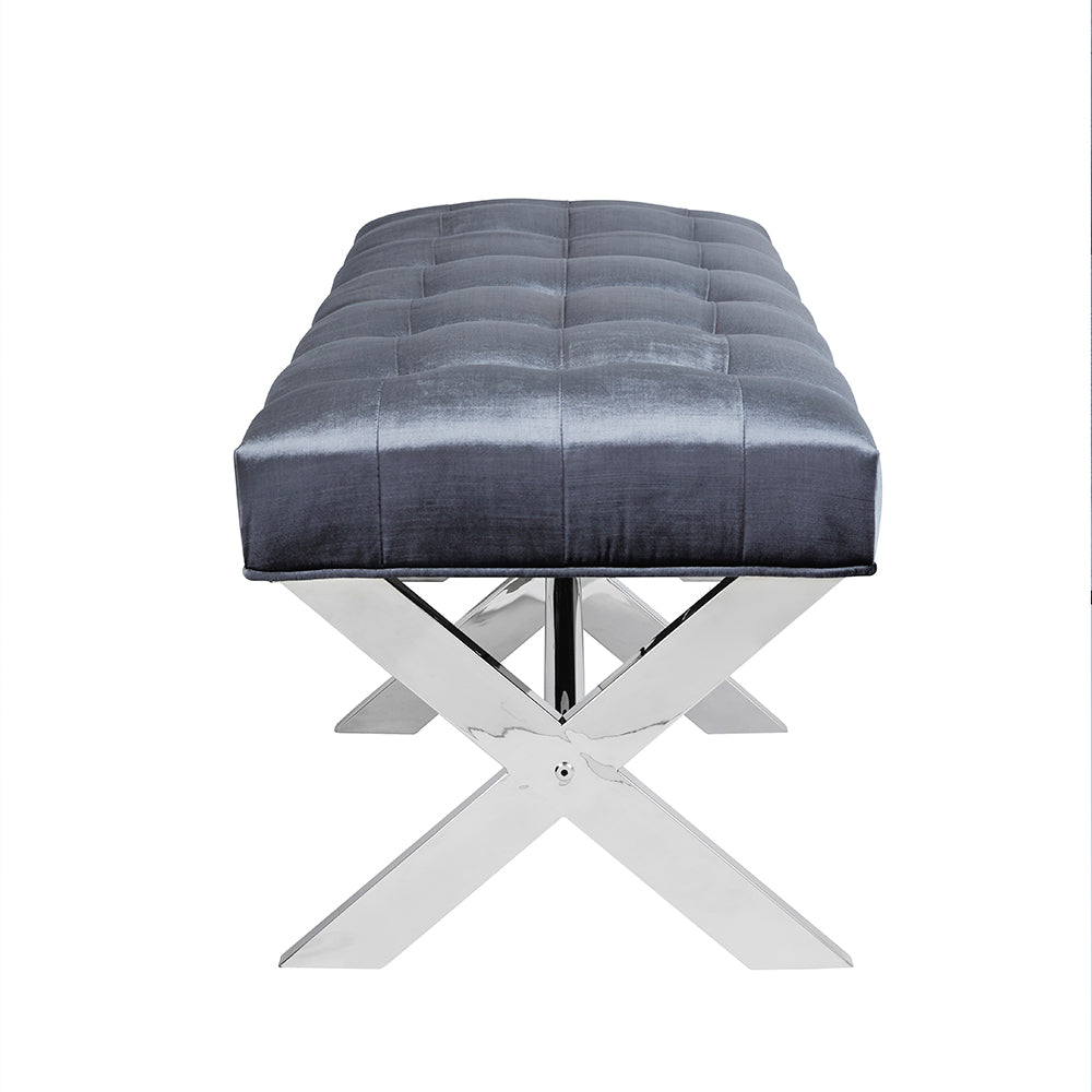Elegance Charcoal Tufted Velvet Bench with Geometric Stainless Steel Base