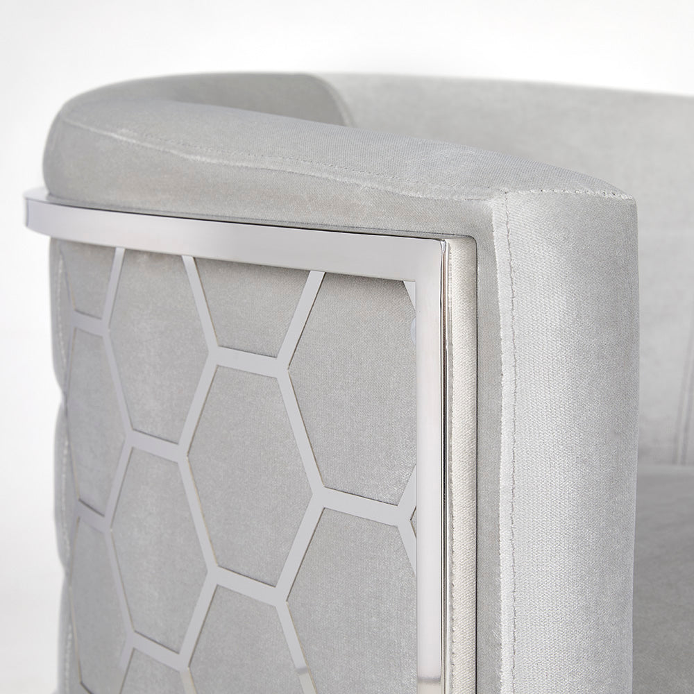 Plush Grey Velvet Accent Chair with Honeycomb Metal Back