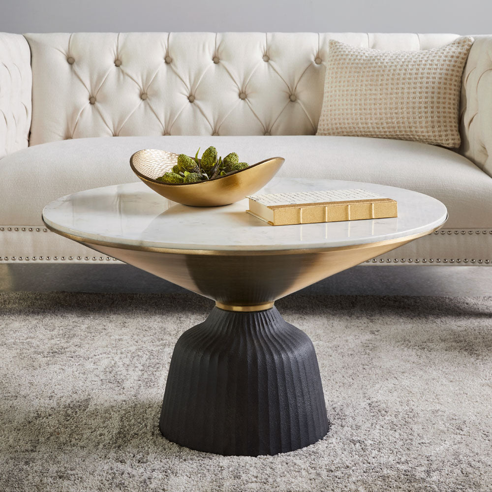 Sophie Round Marble Coffee Table with Gold and Black Base