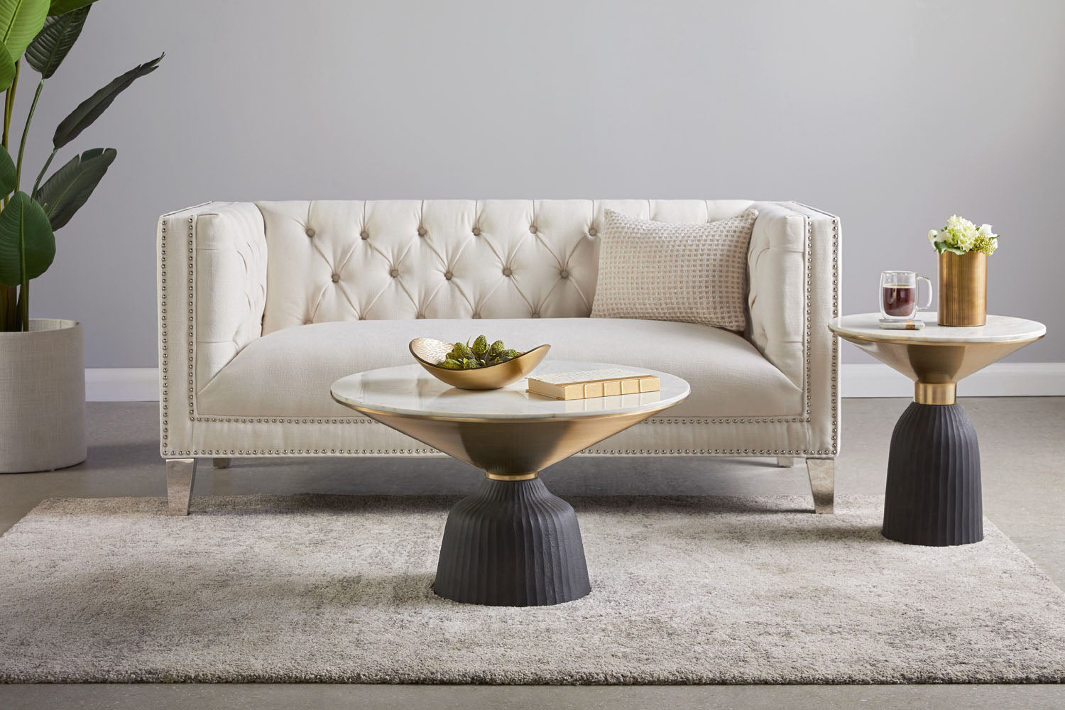 Sophie Round Marble Coffee Table with Gold and Black Base