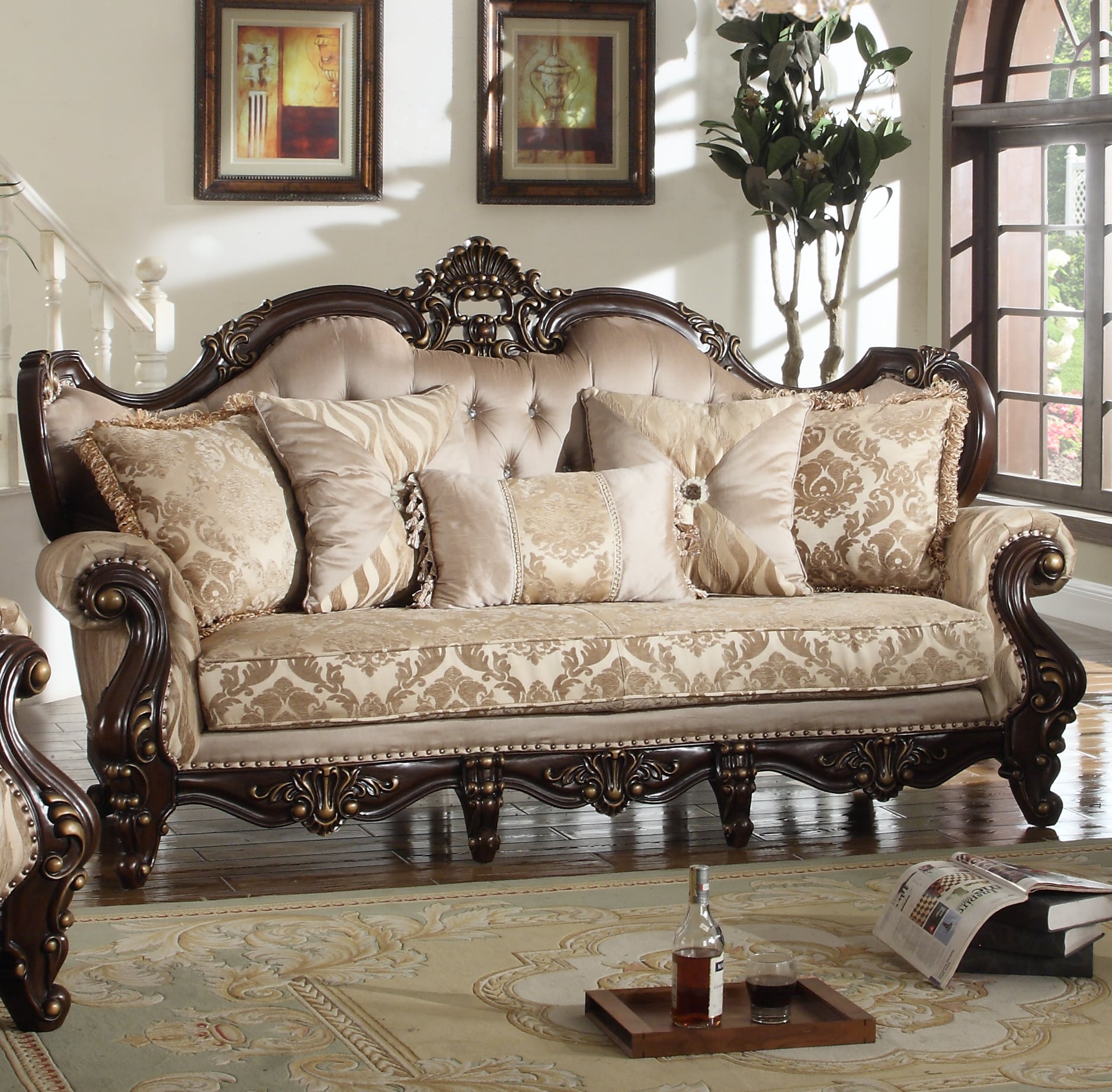 Jade classic cherry wood and beige silk fabric sofa | New