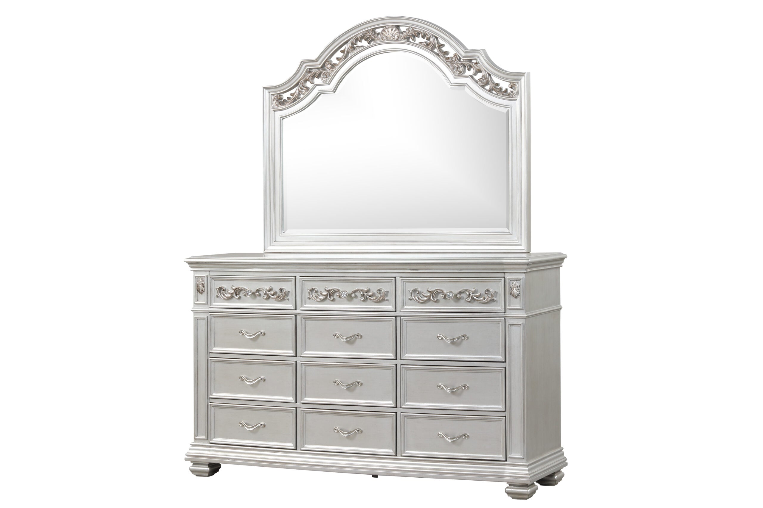 Traditional with LED Poster Bed with Mirrored Dresser, Chest and 2 Nightstands