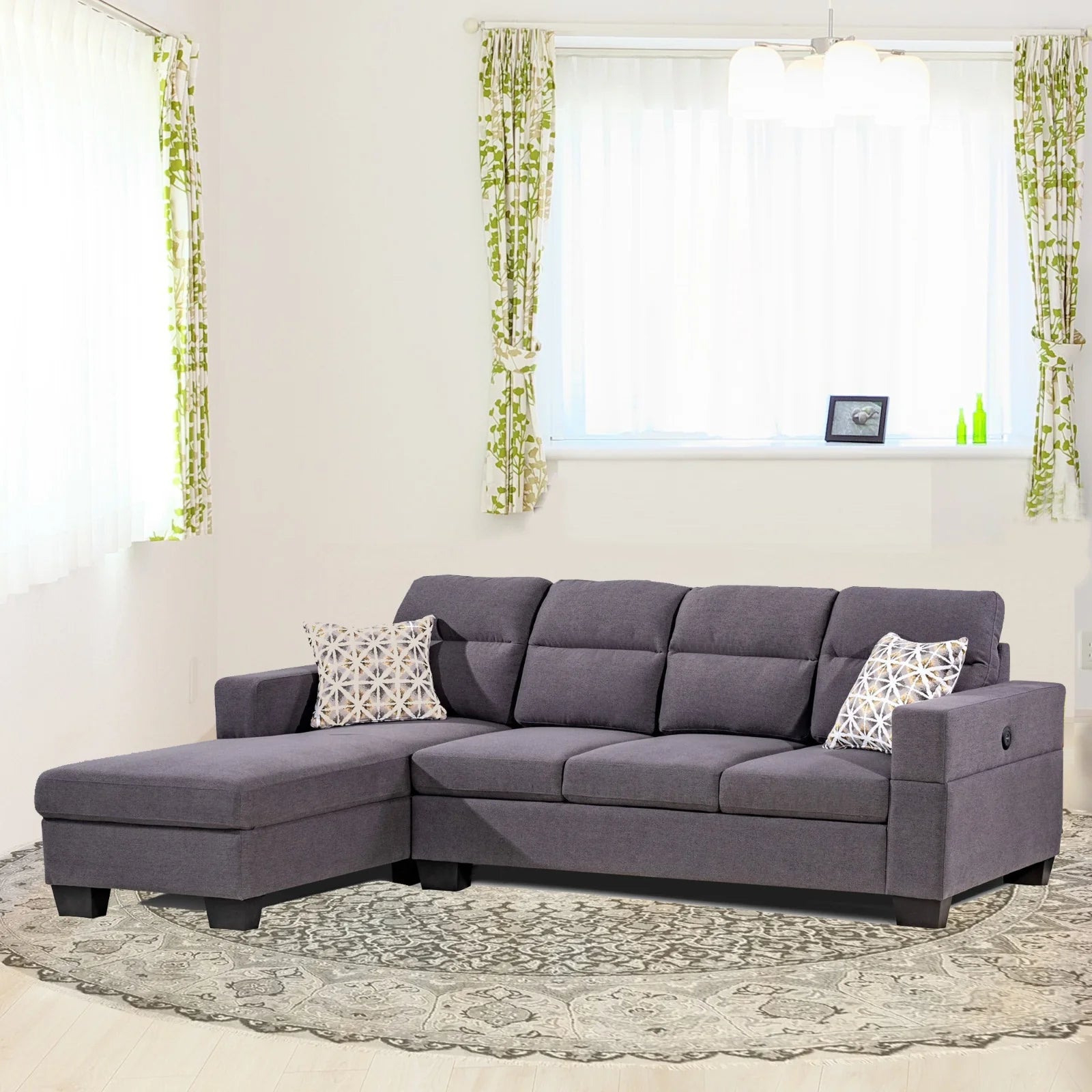 Modern Grey Linen Sectional Sofa with Integrated USB Ports