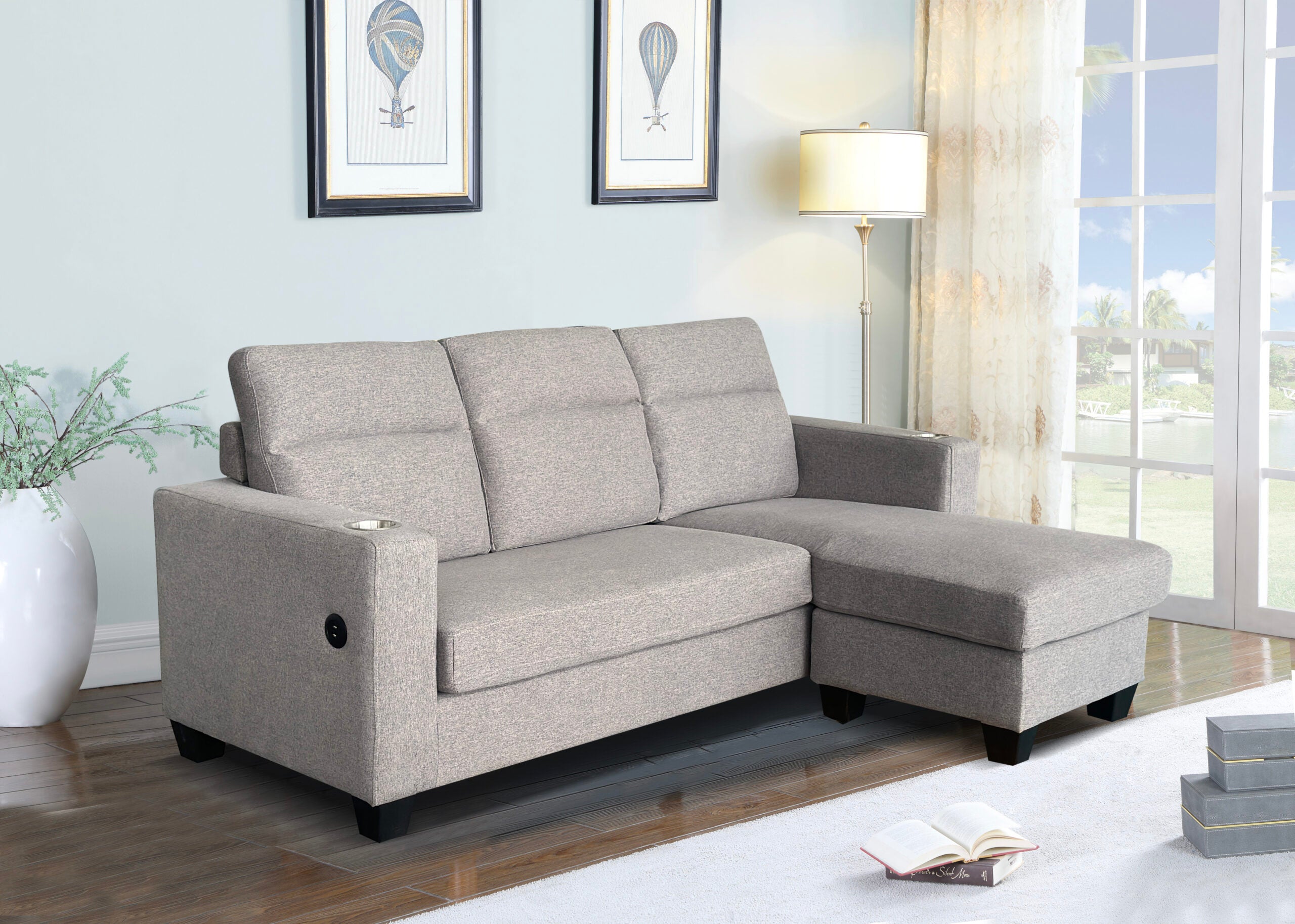 Chic Modern Fabric Sectional with Cupholders and USB PorT