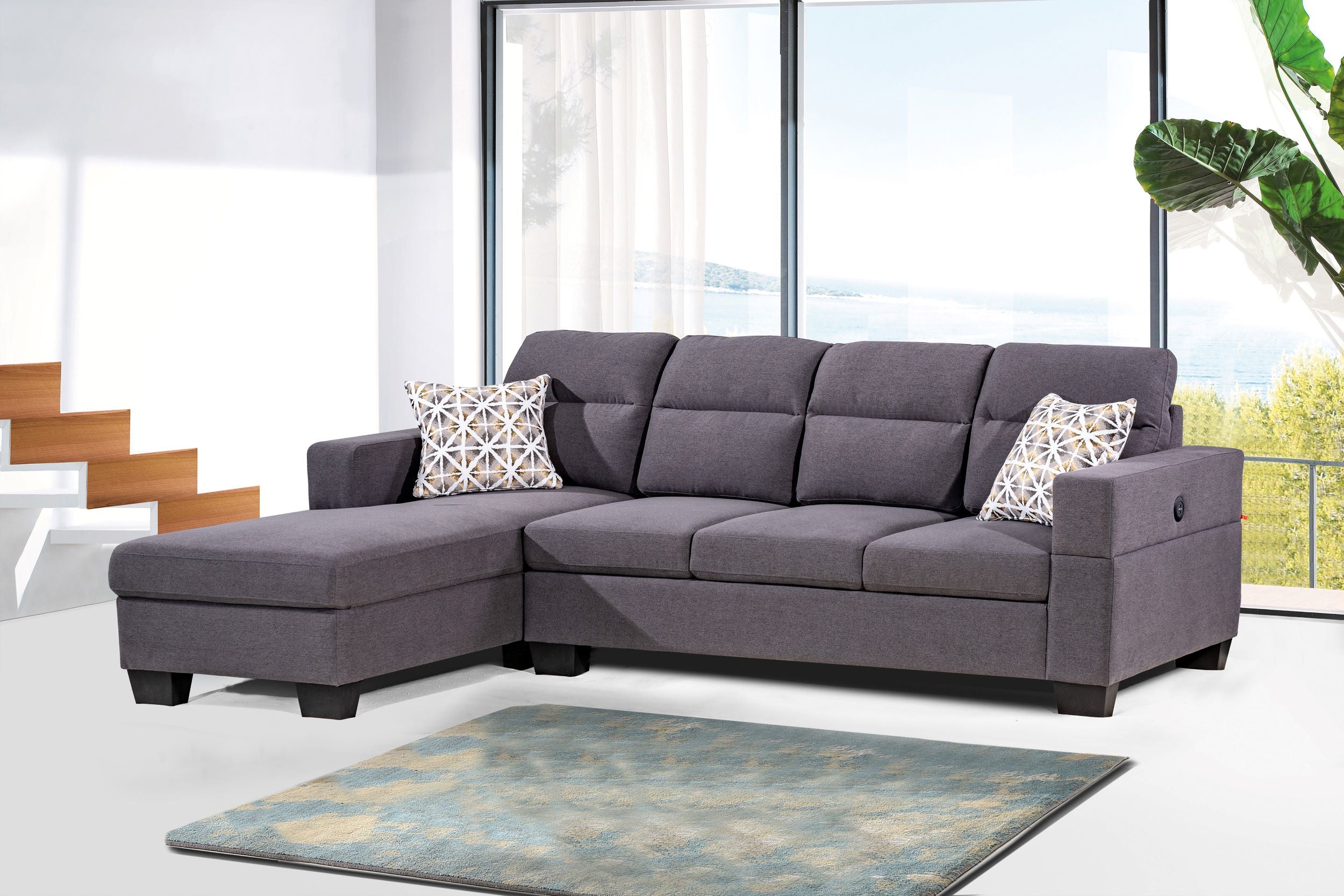 Modern Grey Linen Sectional Sofa with Integrated USB Ports