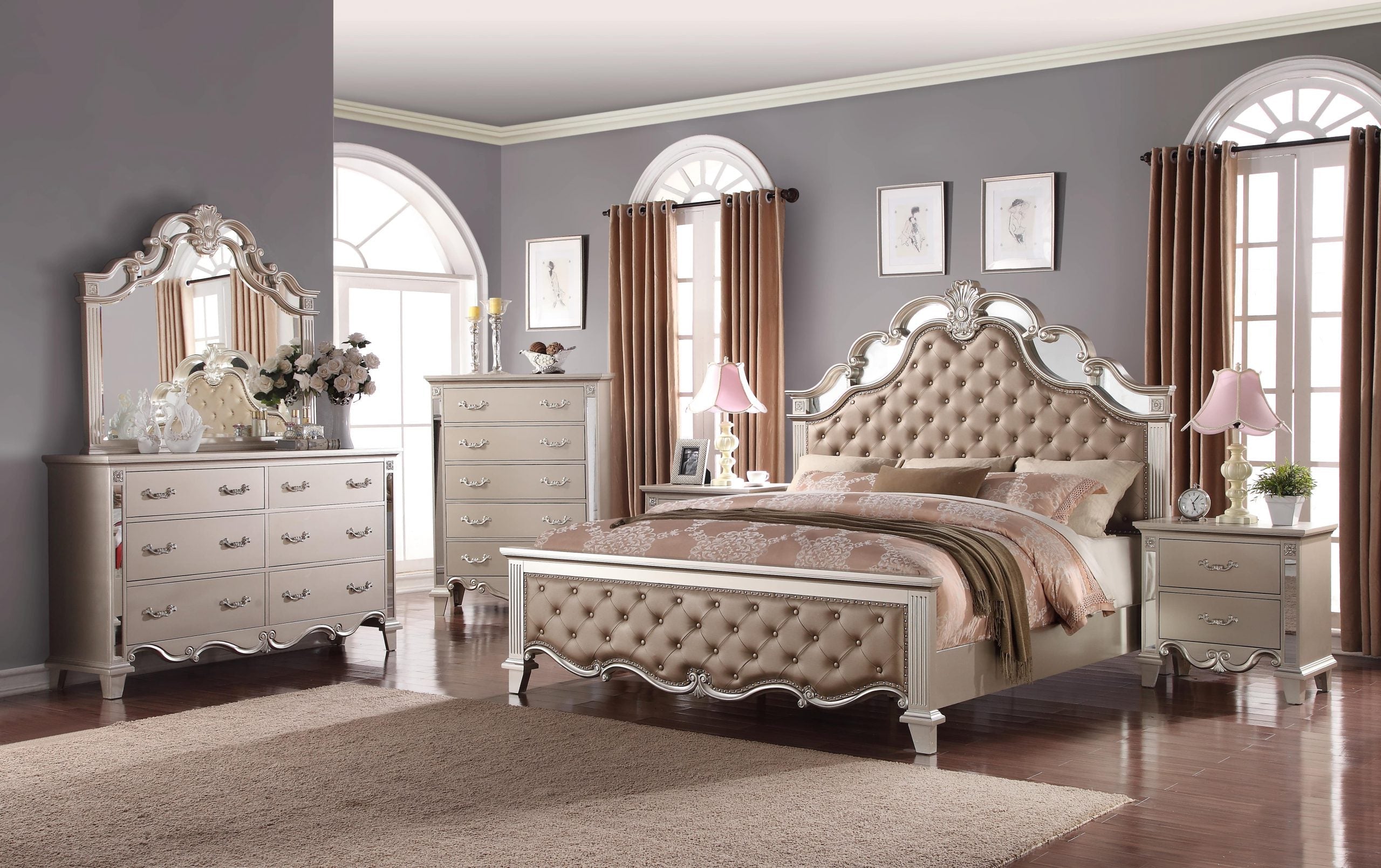Sonia Traditional Bed with Mirrored Dresser, Chest and 2 Nightstands