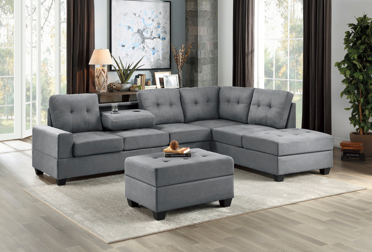 Maston 3-Piece Reversible Sectional with Drop-Down Cup Holders and Storage Ottoman