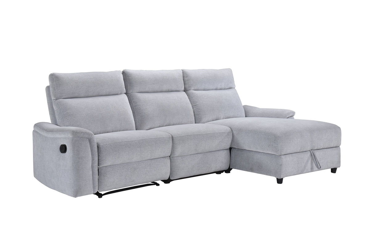 Skava 3-piece Sectional with Right Side Facing Storage Chaise & Left Side Recliner, Grey Chenille