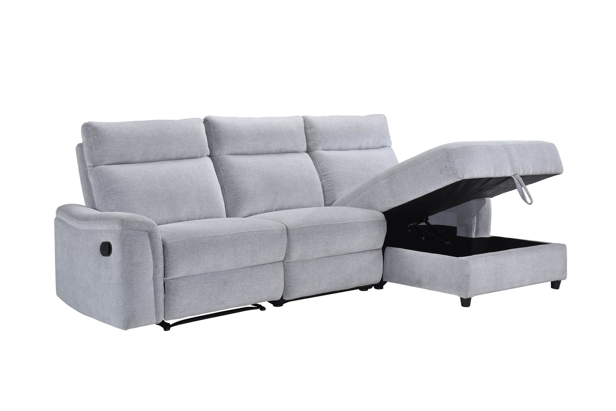 Skava 3-piece Sectional with Right Side Facing Storage Chaise & Left Side Recliner, Grey Chenille