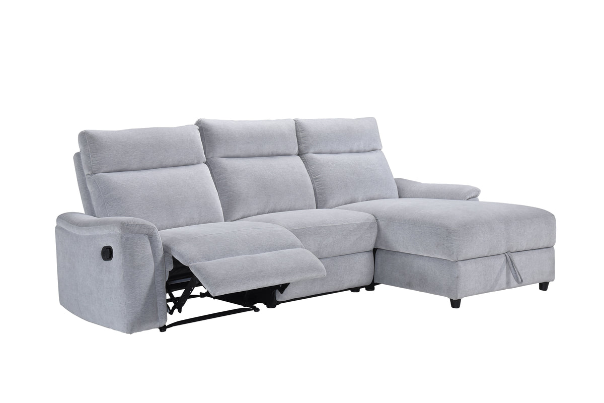 Skava 3-piece Sectional with Right Side Facing Storage Chaise & Left Side Recliner, Grey Chenille