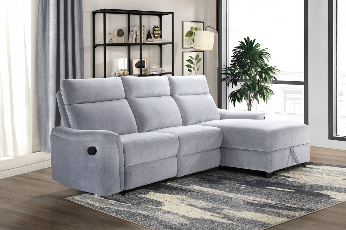 Skava 3-piece Sectional with Right Side Facing Storage Chaise & Left Side Recliner, Grey Chenille