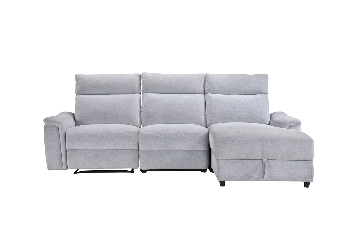 Skava 3-piece Sectional with Right Side Facing Storage Chaise & Left Side Recliner, Grey Chenille