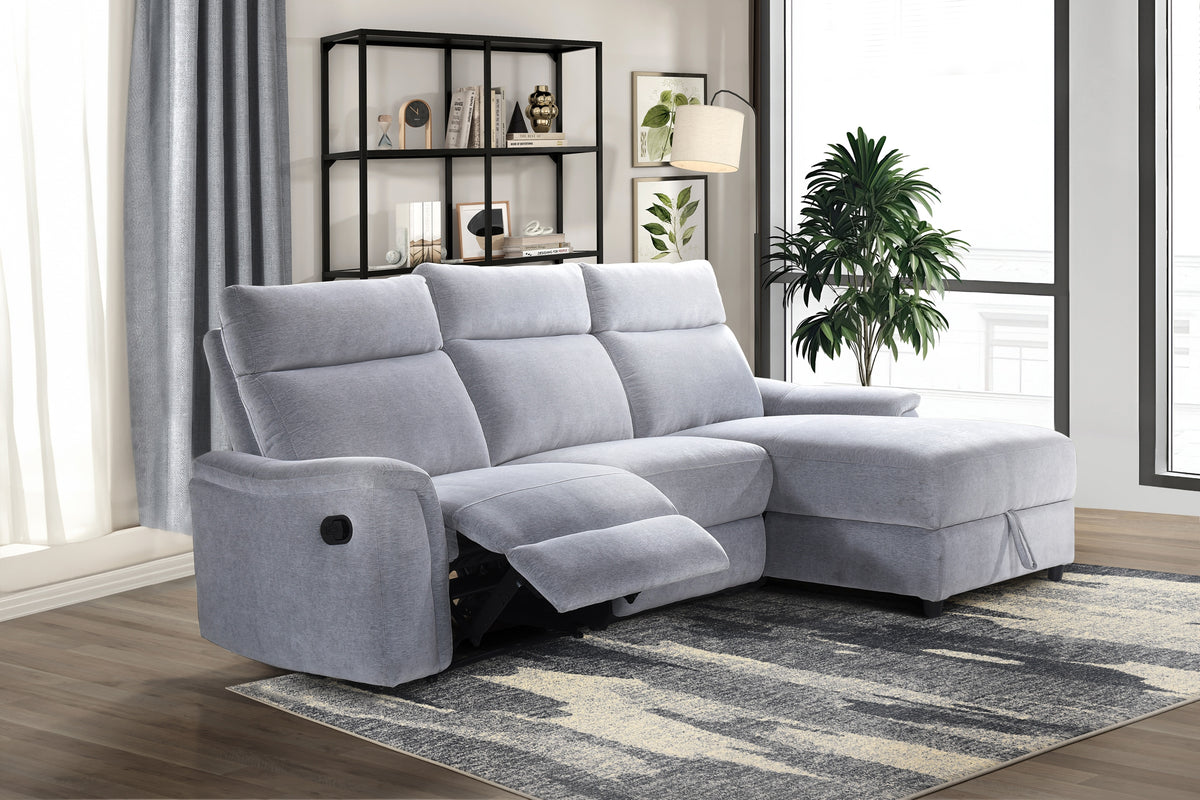 Skava 3-piece Sectional with Right Side Facing Storage Chaise & Left Side Recliner, Grey Chenille