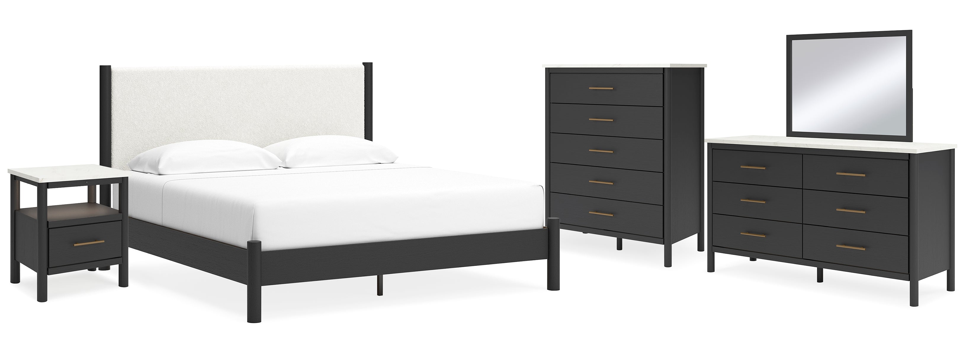 Cadmori King Upholstered Panel Bed with Mirrored Dresser, Chest and Nightstand