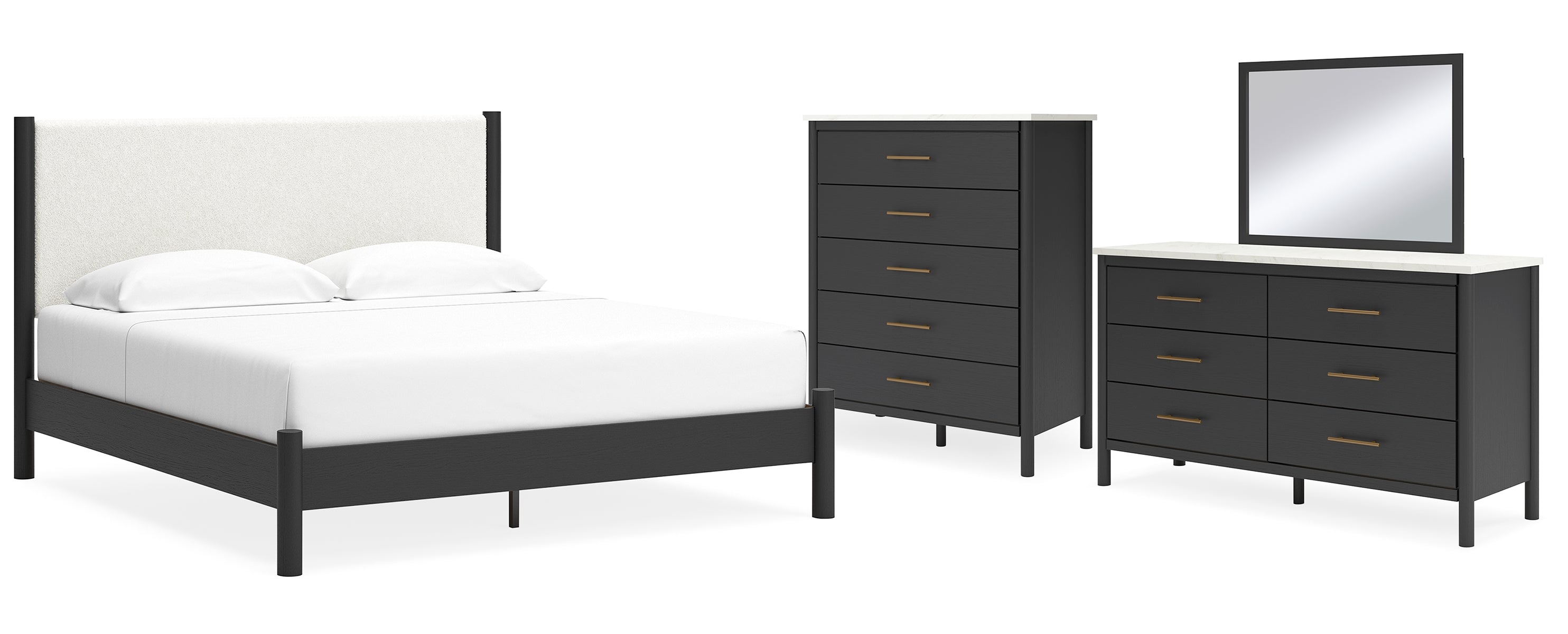 Cadmori King Upholstered Panel Bed with Mirrored Dresser and Chest