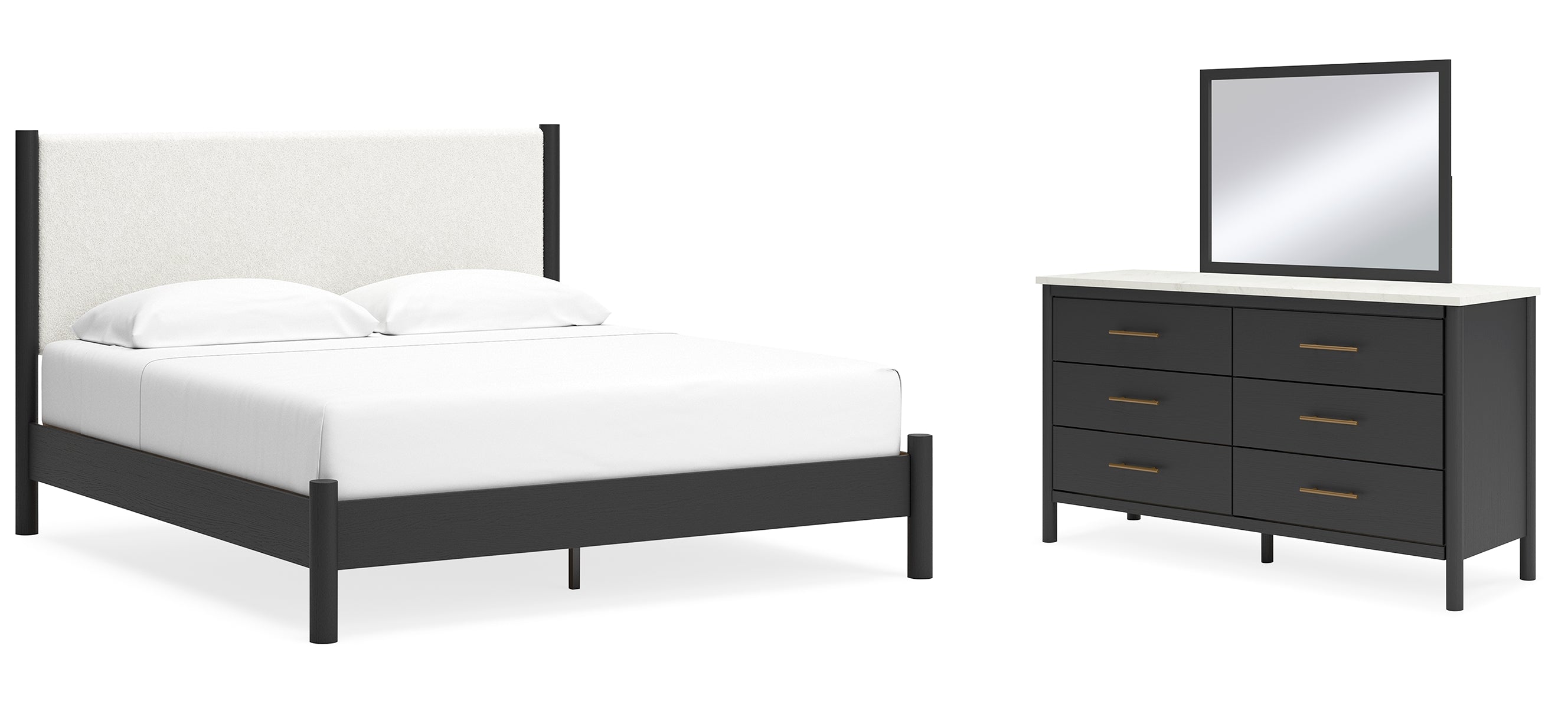 Cadmori King Upholstered Panel Bed with Mirrored Dresser