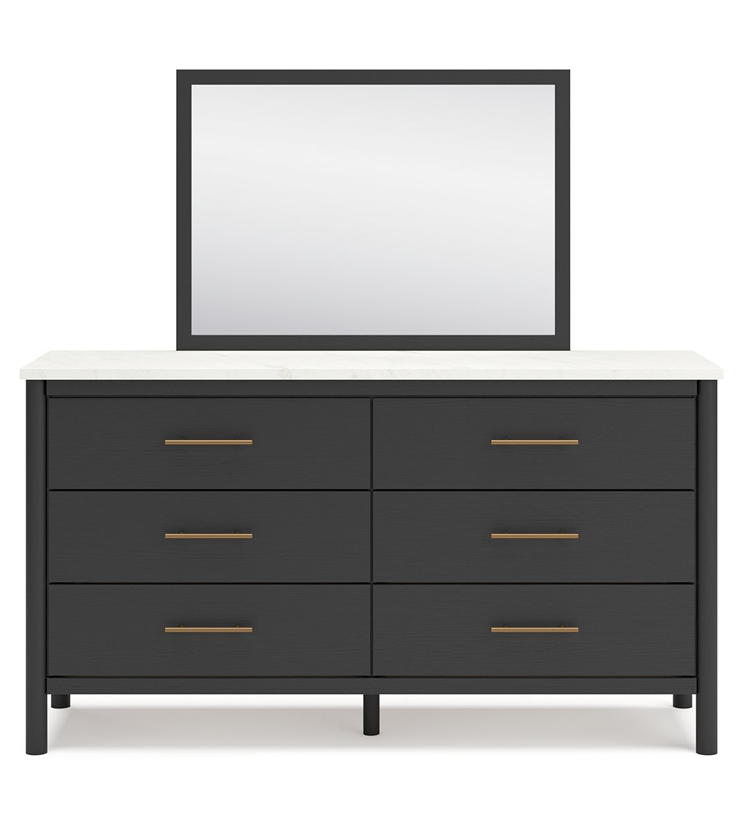 Cadmori King Upholstered Panel Bed with Mirrored Dresser, Chest and Nightstand