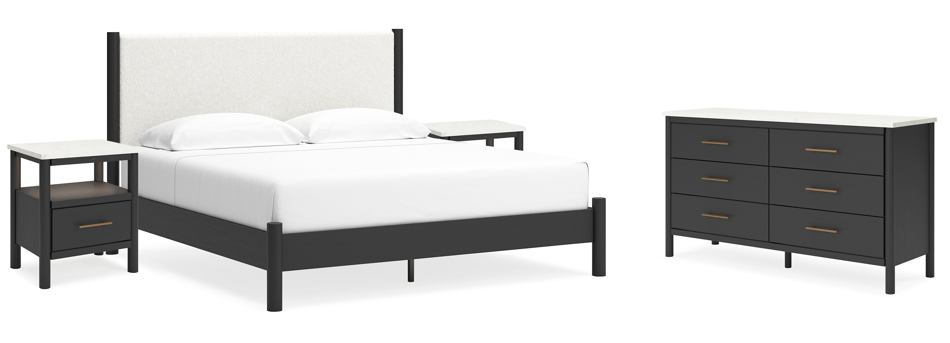 Cadmori King Upholstered Panel Bed with Dresser and 2 Nightstands