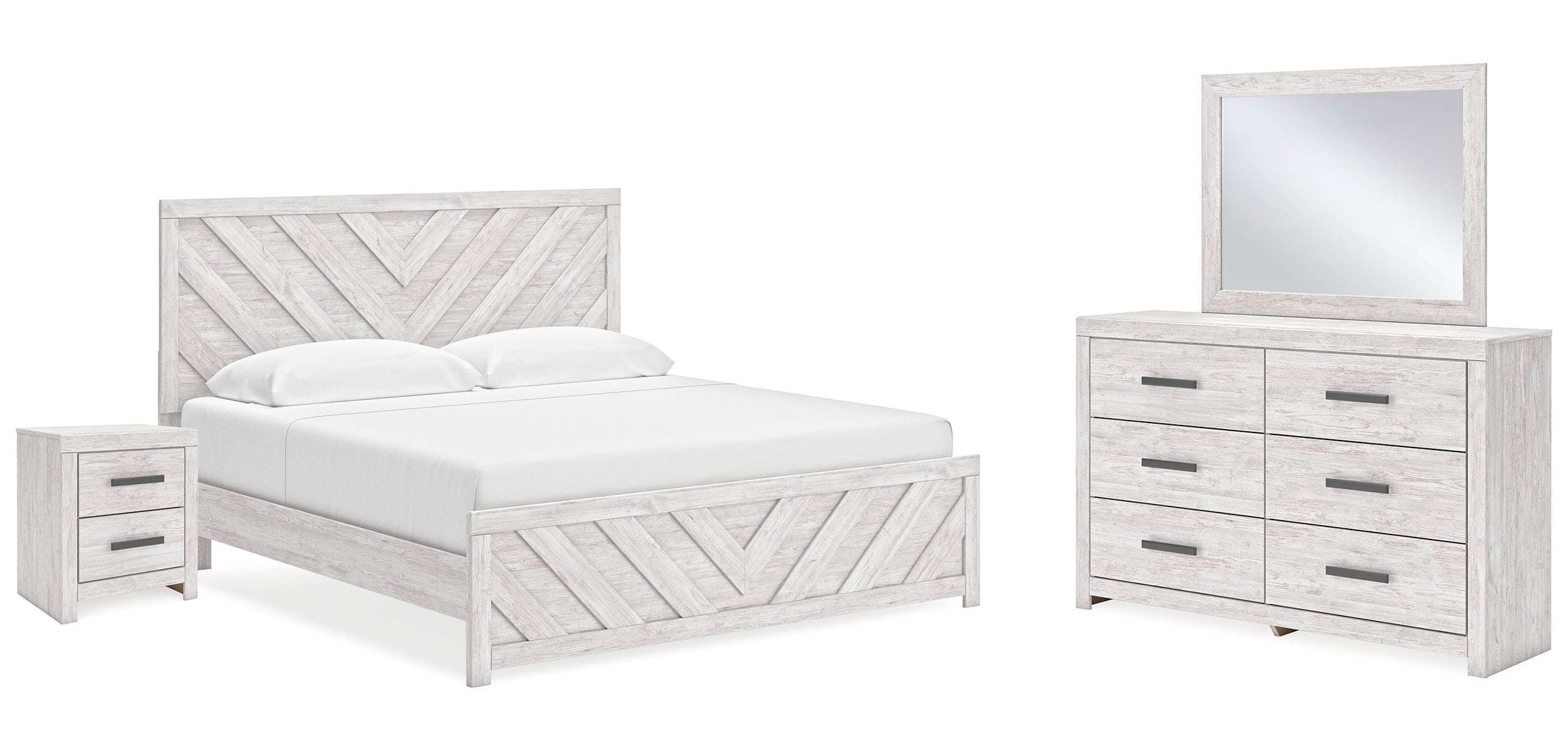 Cayboni King Panel Bed with Mirrored Dresser and Nightstand