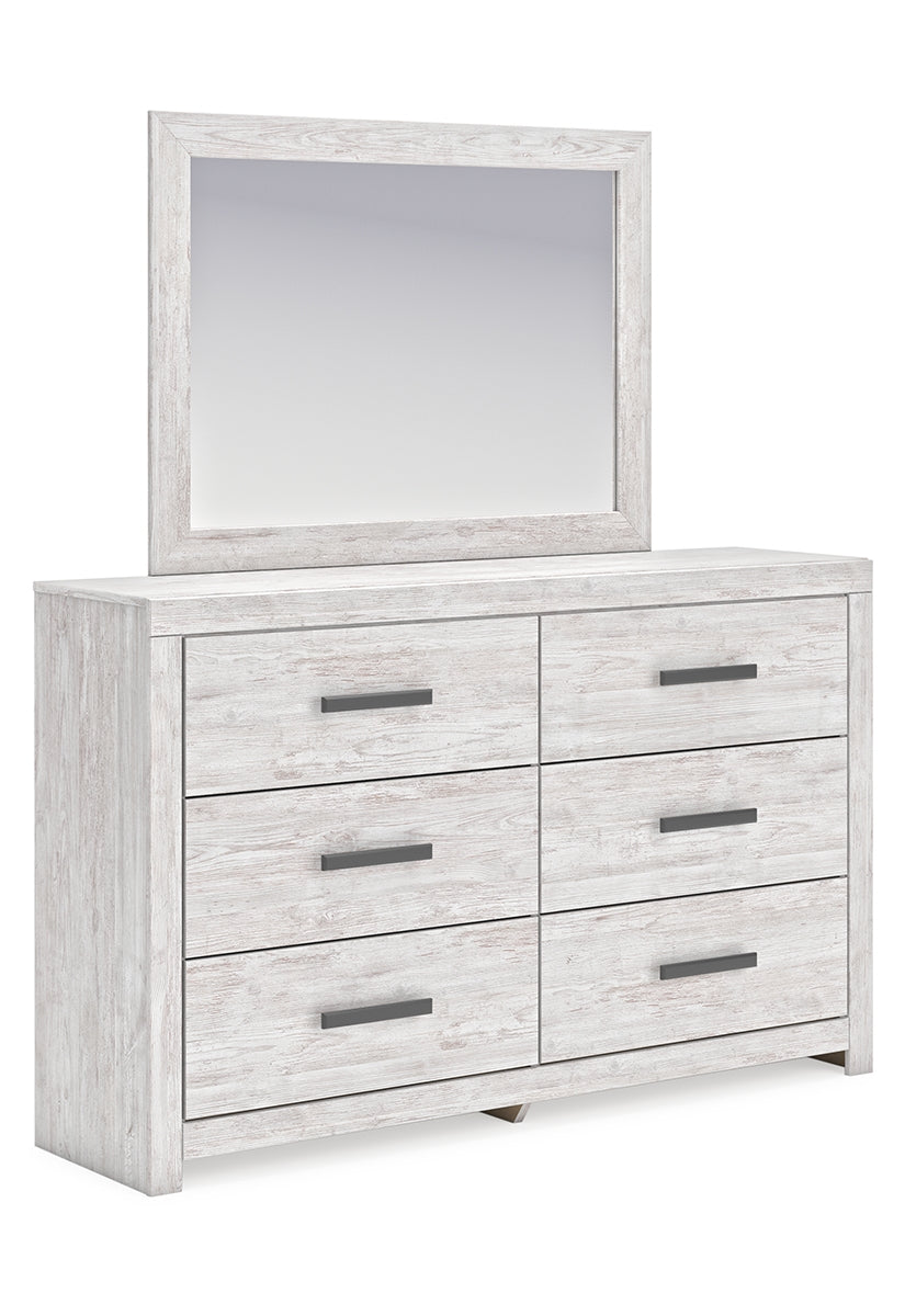 Cayboni King Panel Bed with Mirrored Dresser and Nightstand