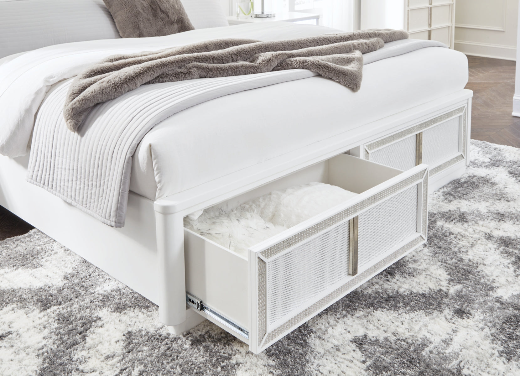 Chalanna Queen Upholstered Storage Bed with Mirrored Dresser and Chest