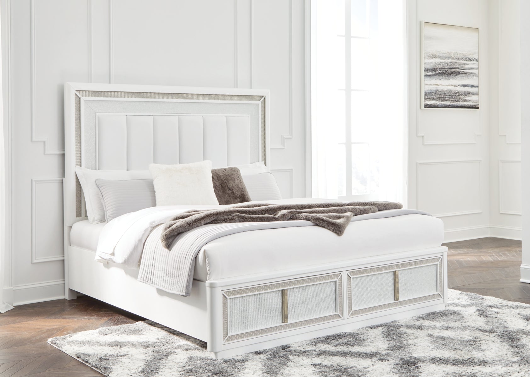 Chalanna Queen Upholstered Storage Bed with Mirrored Dresser and Chest