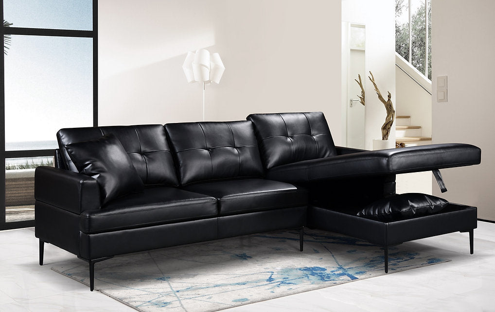 Luxurious Black Leather Chaise Sectional with Storage
